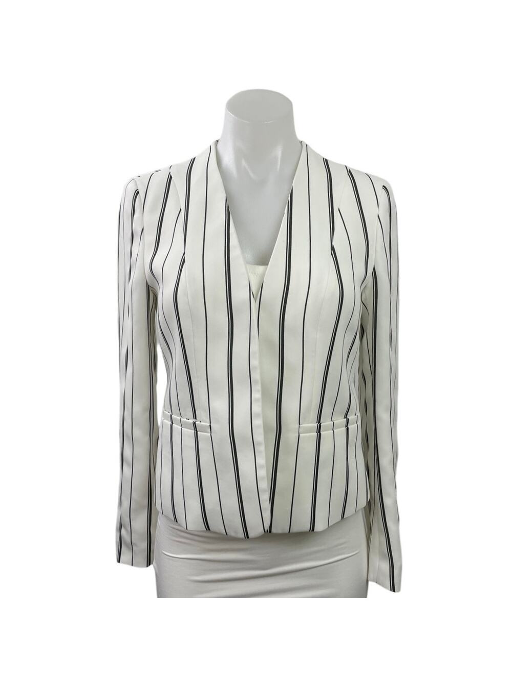 Bar III Womens White Black Striped V Neck Long Sleeve Blazer Coat Jacket Size XS